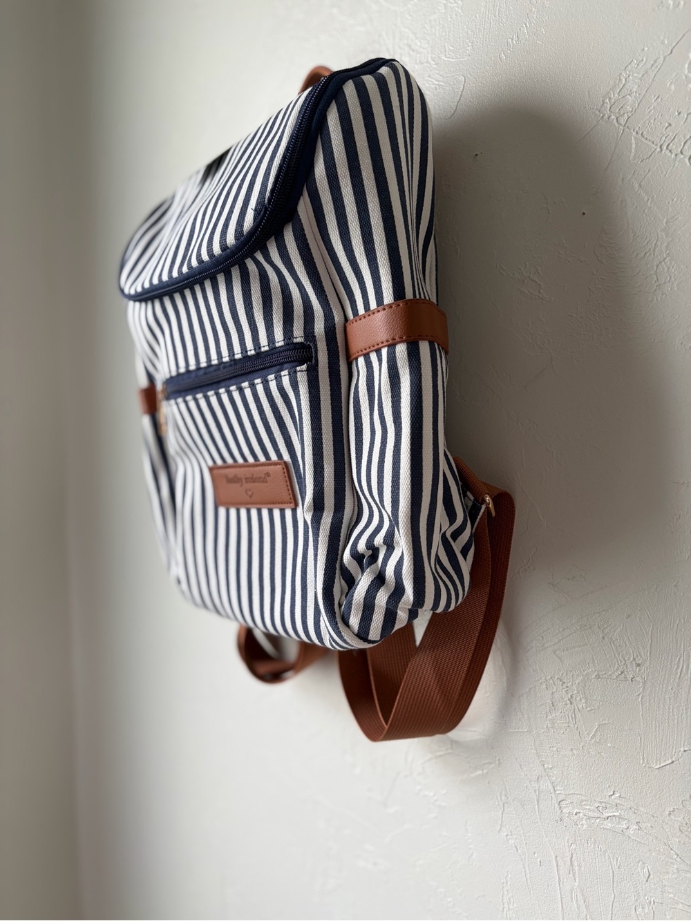 Kathy Ireland Navy White Striped Canvas Backpack Faux Leather Trim NWT - Picture 5 of 10